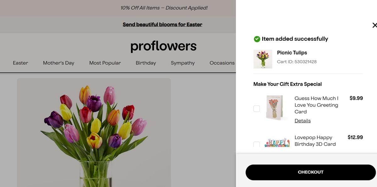 ProFlowers checkout page showing upselling options with gift add-ons like chocolates and balloons to make the flower delivery extra special